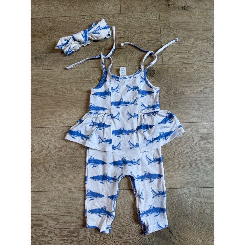 Baby Girls Kate Quinn viscose bamboo shark print romper with bow headband 3-6M